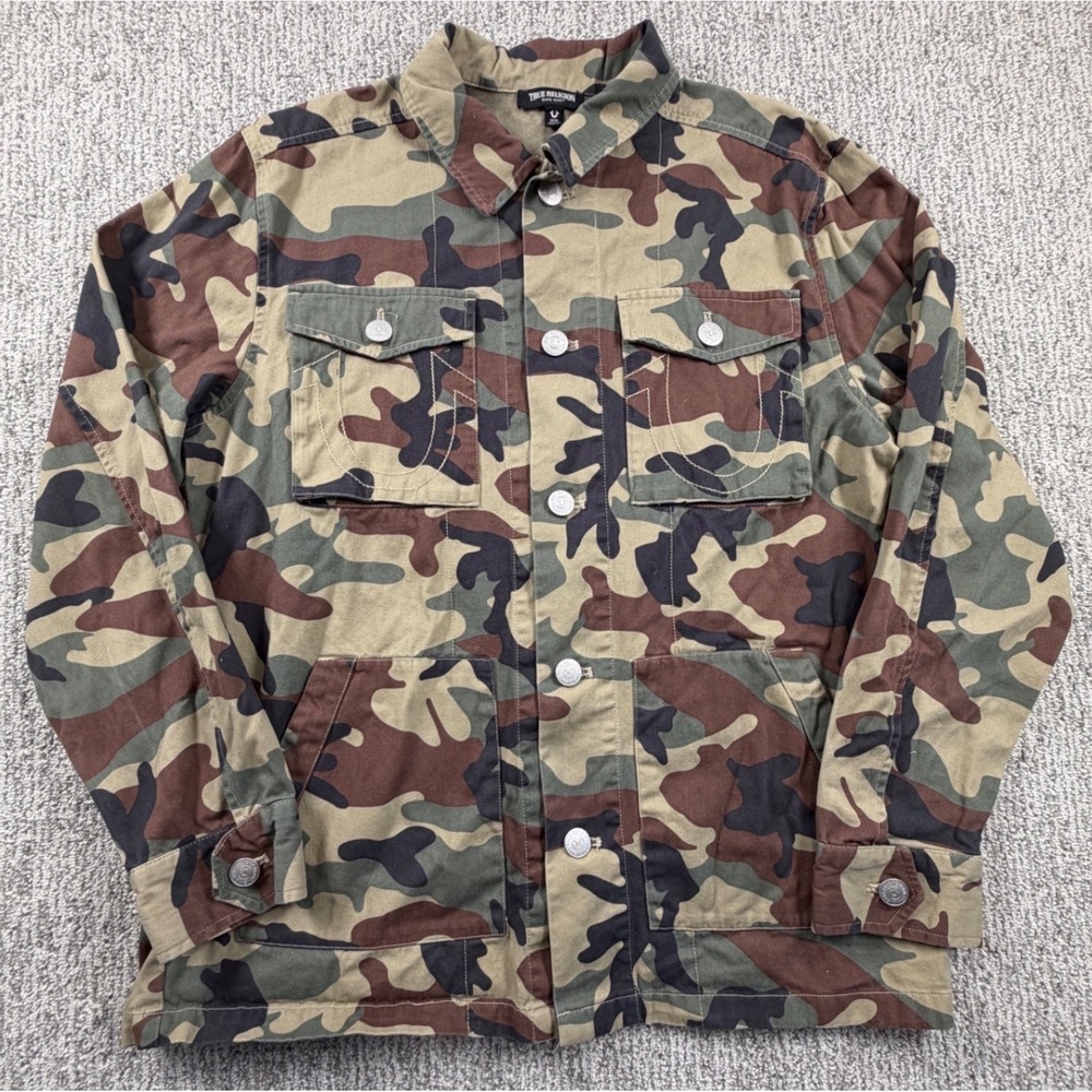 True Religion Military Jacket Mens M Camo Green Brown Button Front Utility Coat